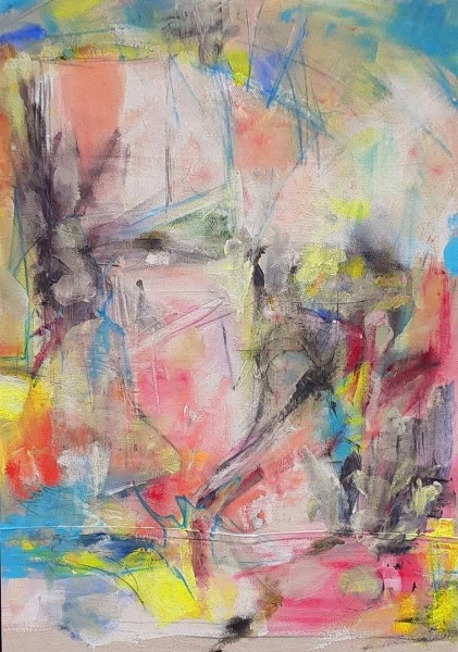 Gestural pastel abstract with vivid marks
