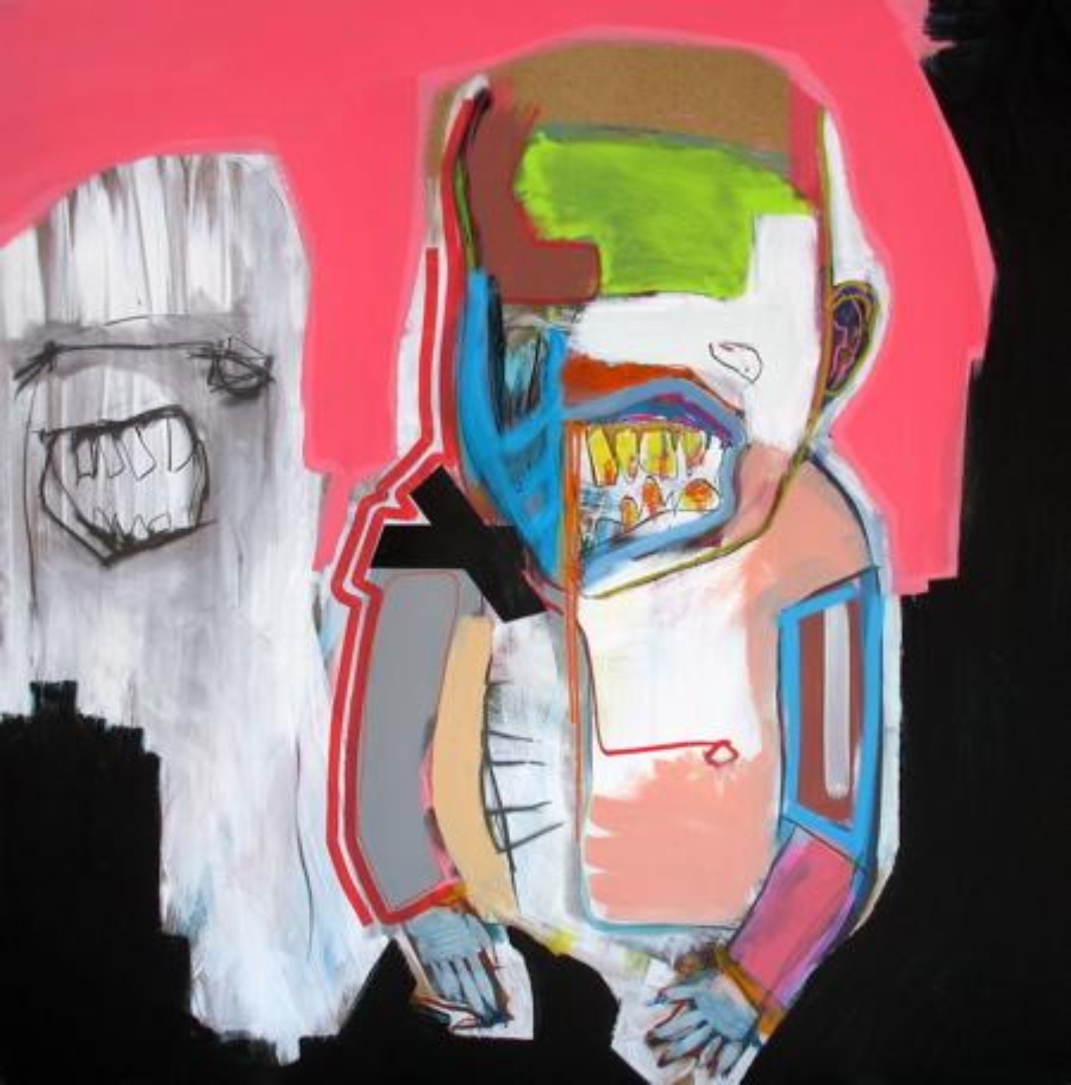 Modernist figure against a vivid pink field